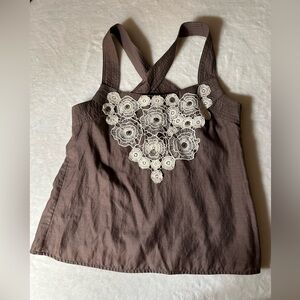 Anthropologie|Floreat Brown Cross Strap Ivory Crochet & Metallic Detail Top Sz 2